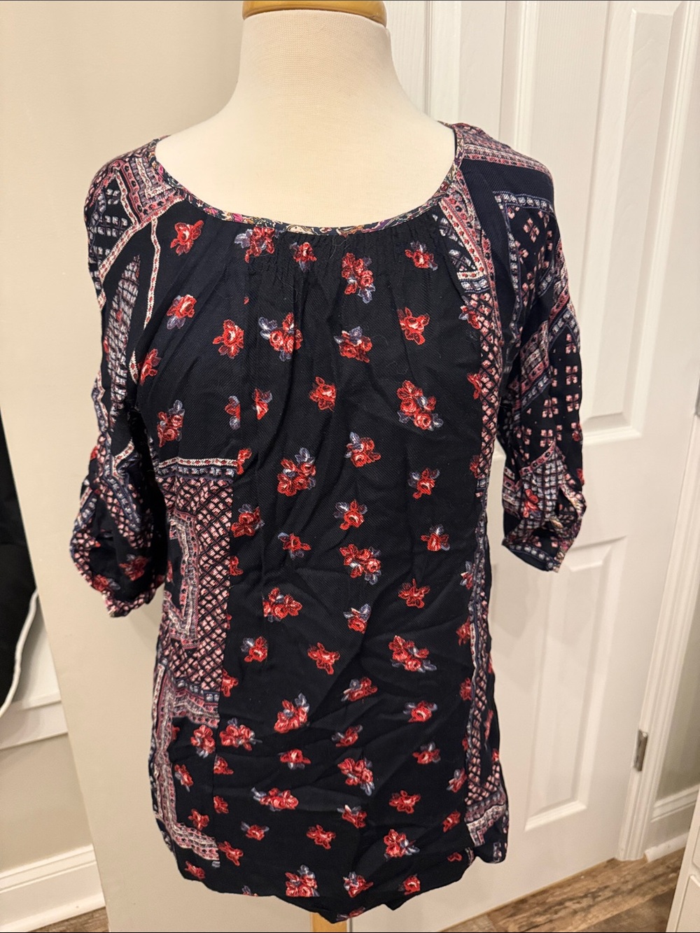 Navy Floral Patchwork Scoop-Neck Tunic